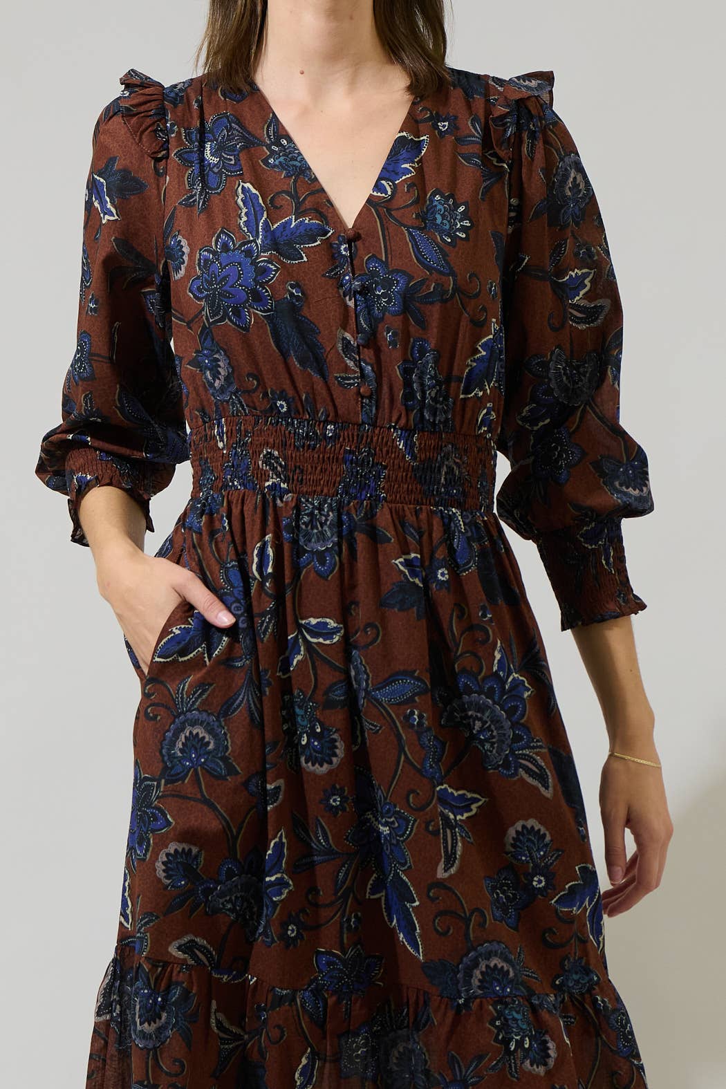 Brown and Blue Floral Long Sleeve Midi Dress