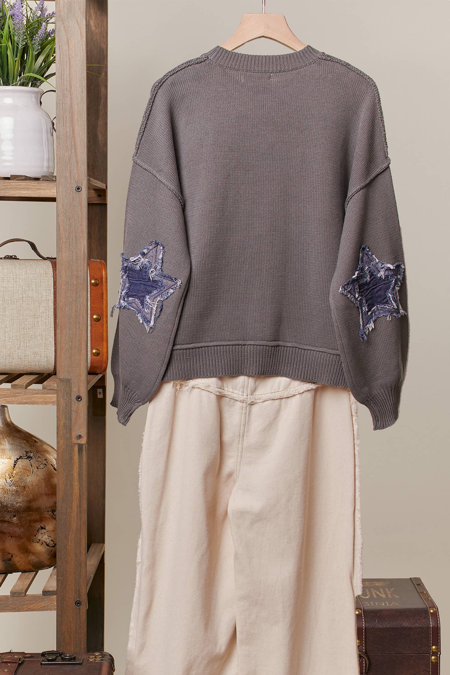 Grey Distressed Star Patch Knit Sweater