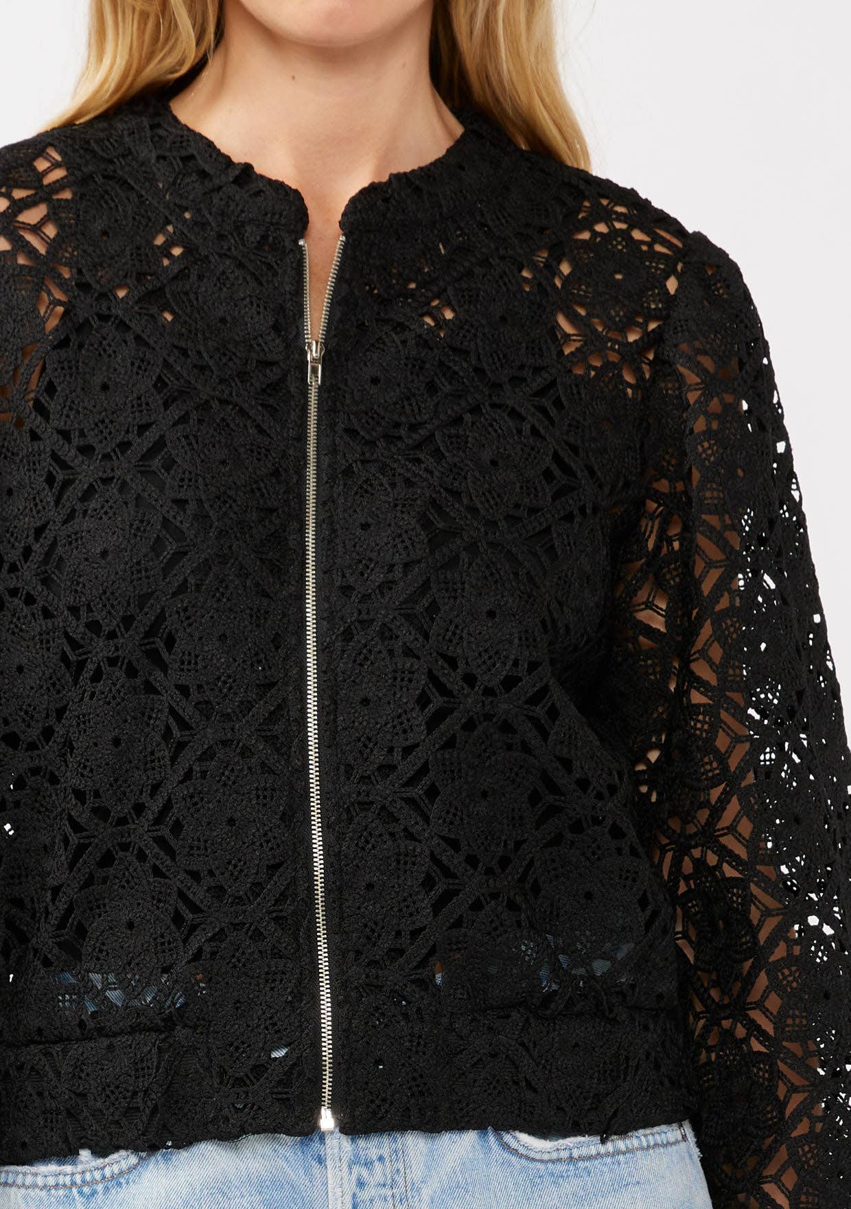 Black Floral Crochet Lace Bomber Jacket