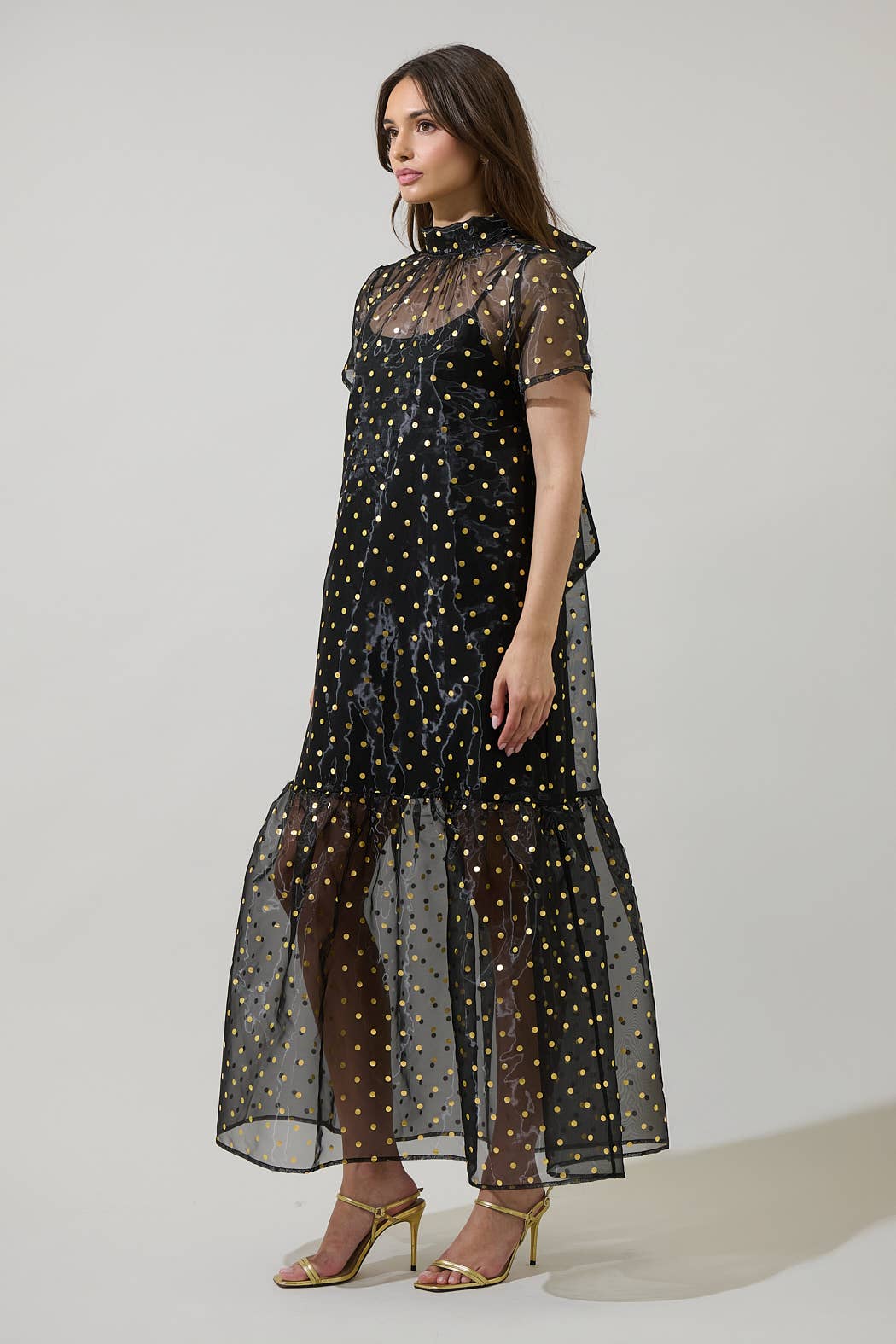 Black Gold Polka Dot Organza Tiered Dress