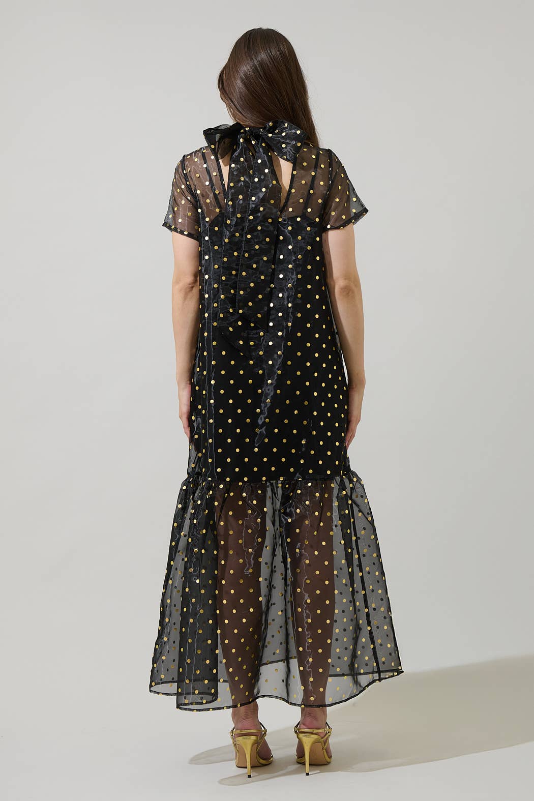 Black Gold Polka Dot Organza Tiered Dress