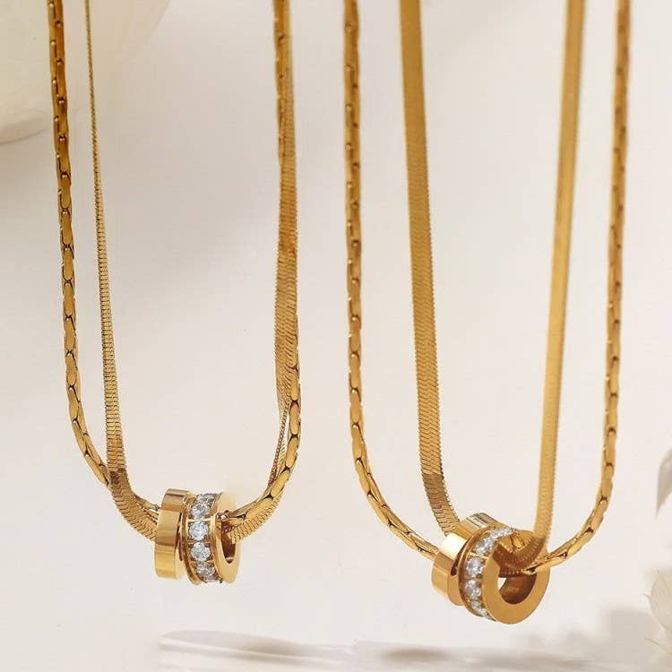 18K Gold Double Layer Rhinestone Circle Pendant Necklace