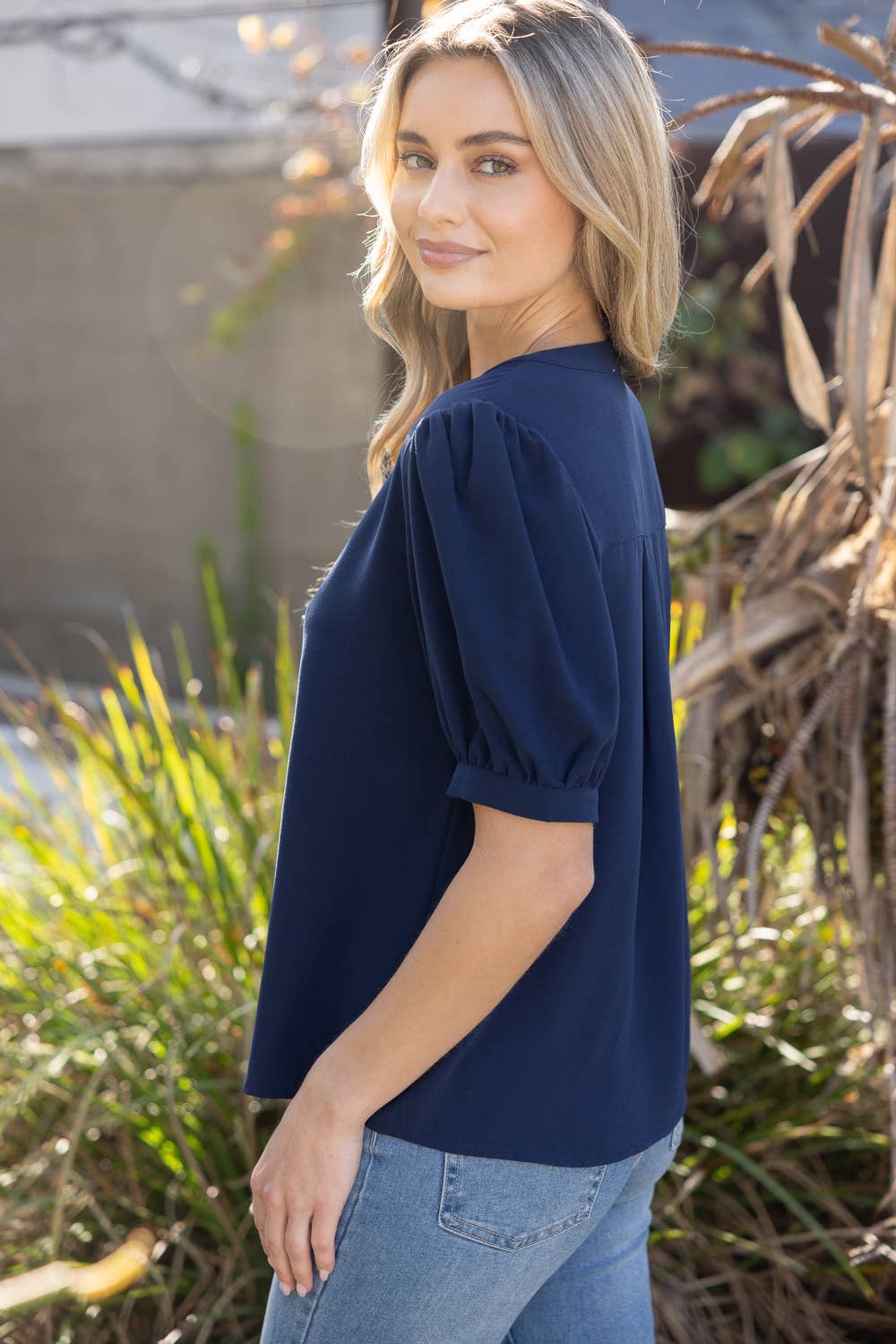 Button Down Puff Sleeve Blouse