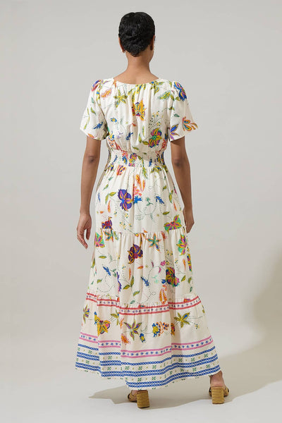 Floral Print Linen Smocked Maxi Dress