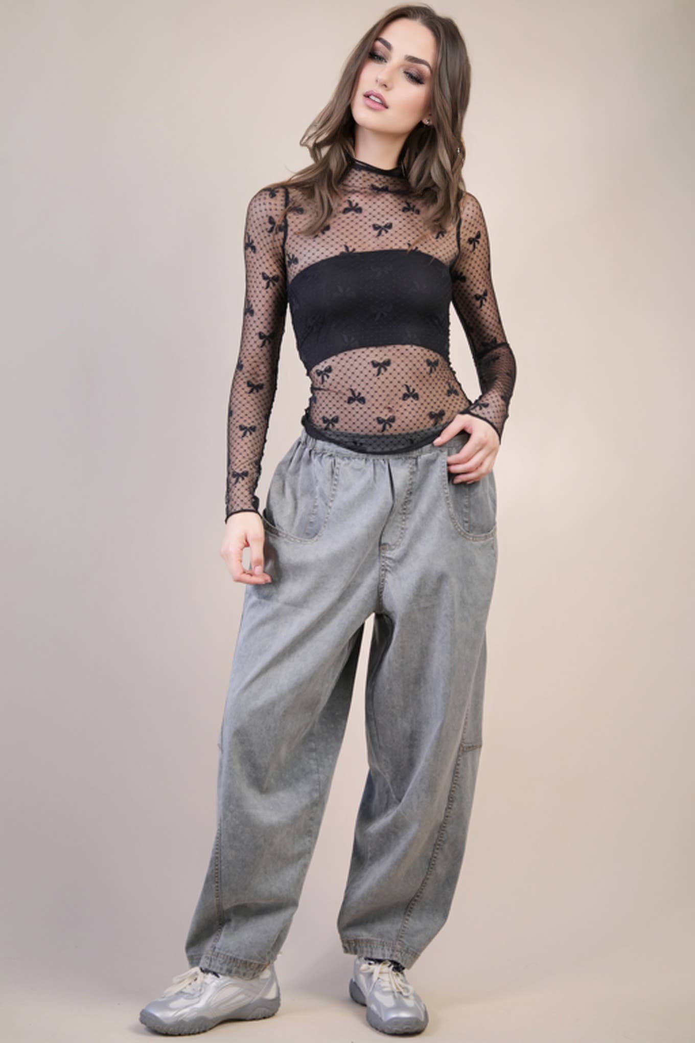 High Neck Fitted Sheer Mesh Lace Knit Top
