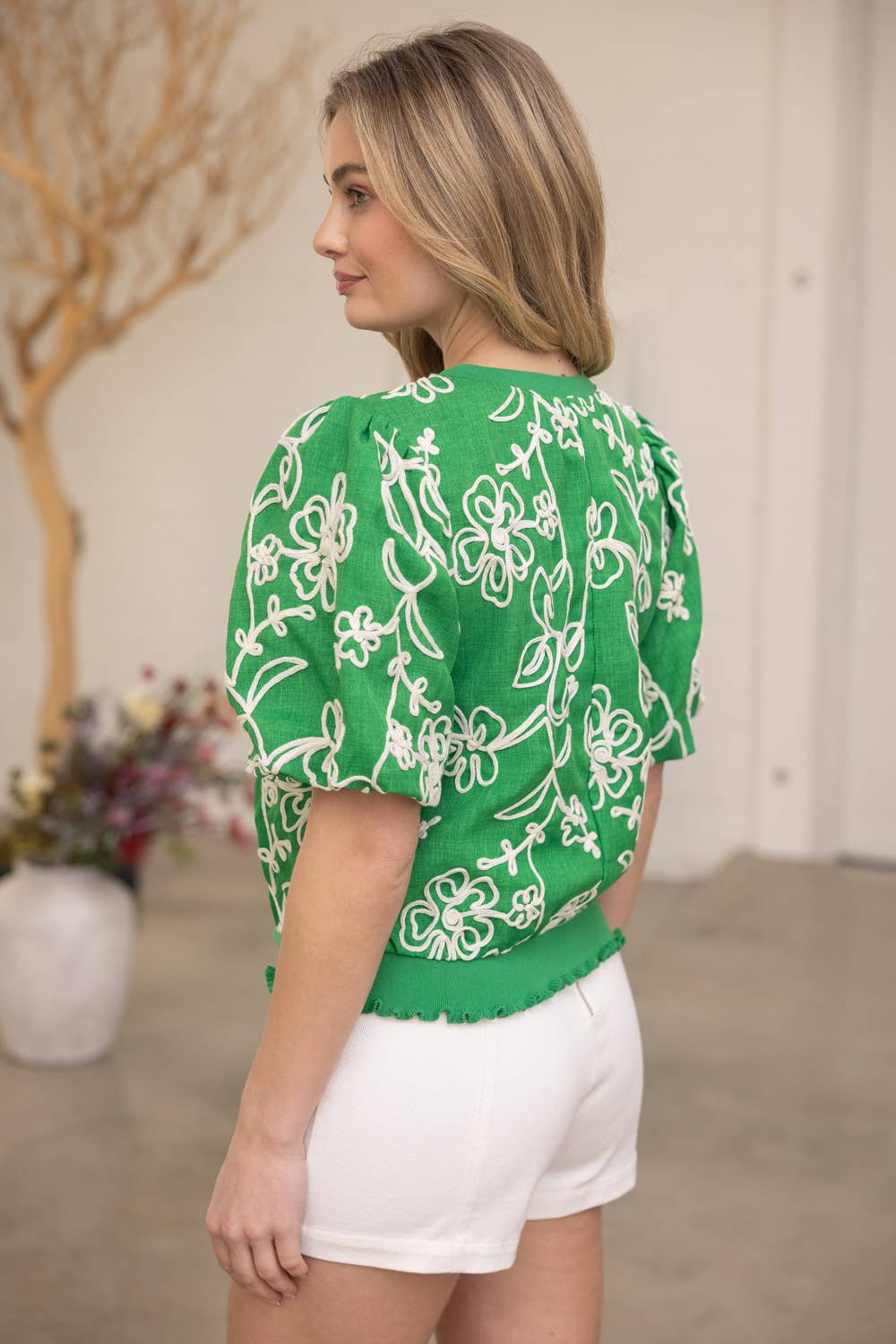 Floral Embroidered Bubble Sleeve Top