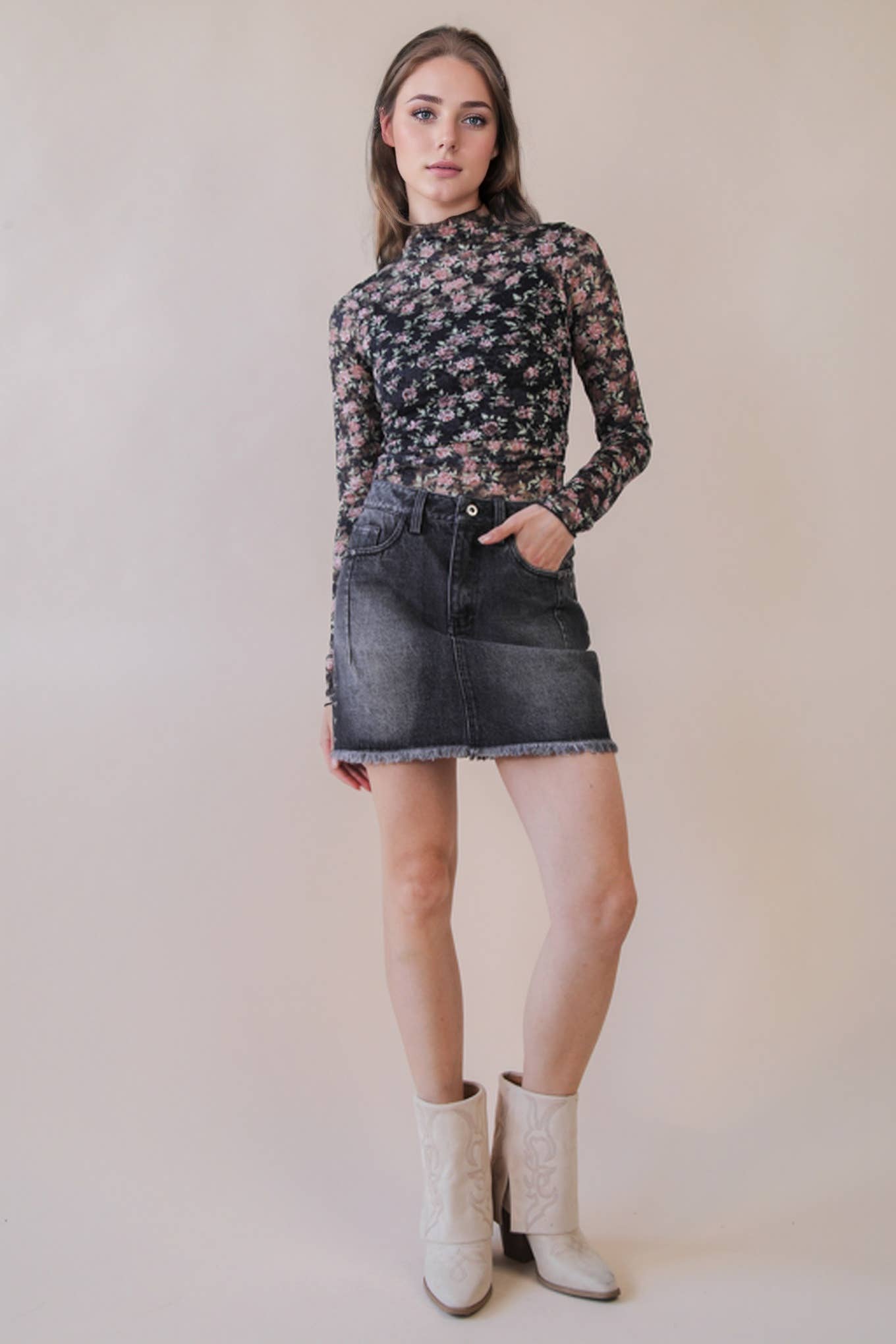 High Neck Fitted Sheer Mesh Lace Knit Top