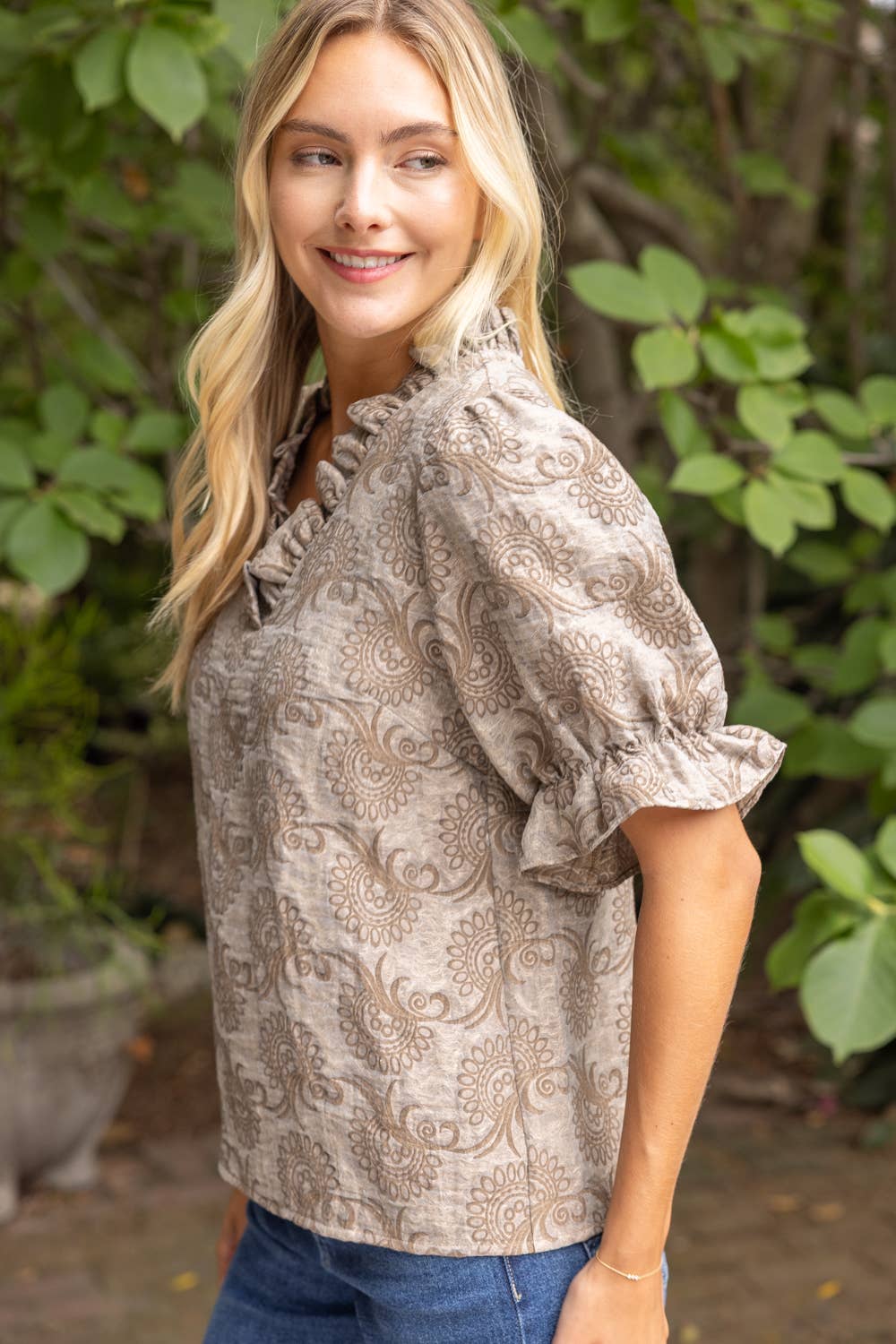 Ruffled V-Neck Jacquard Puff Sleeve Top