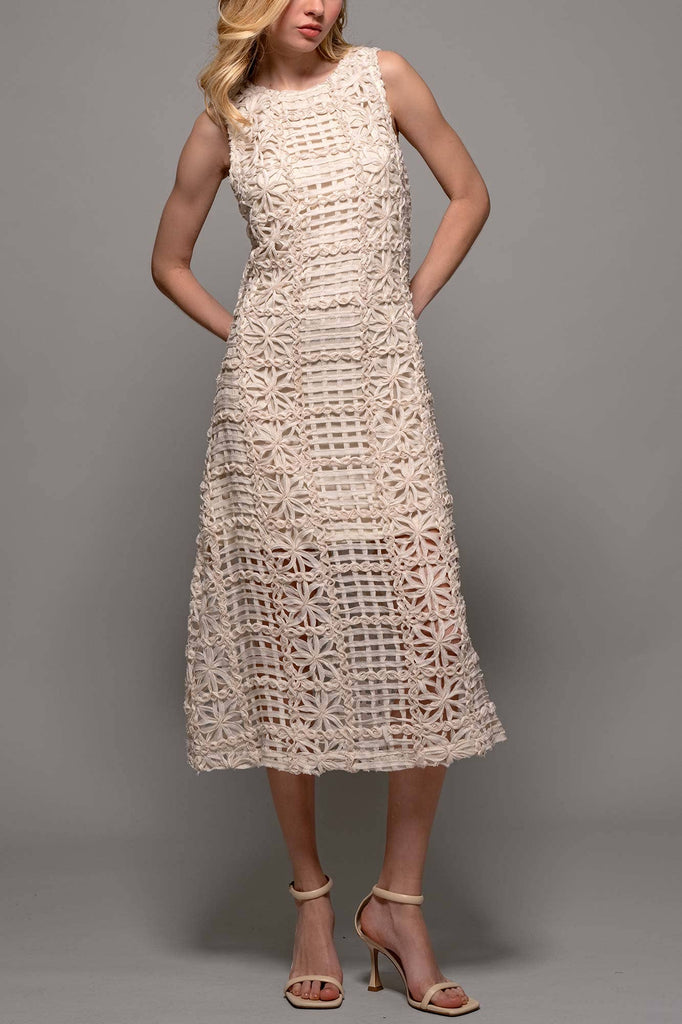 Ivory Intricate Floral Sleeveless Midi Dress