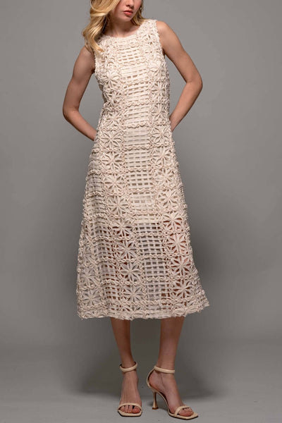 Ivory Intricate Floral Sleeveless Midi Dress