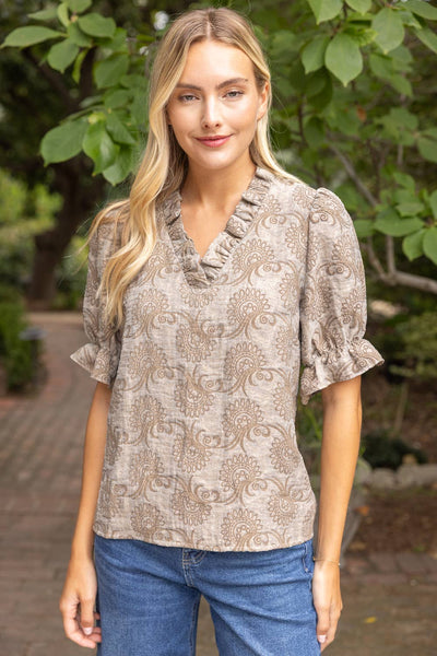 Ruffled V-Neck Jacquard Puff Sleeve Top