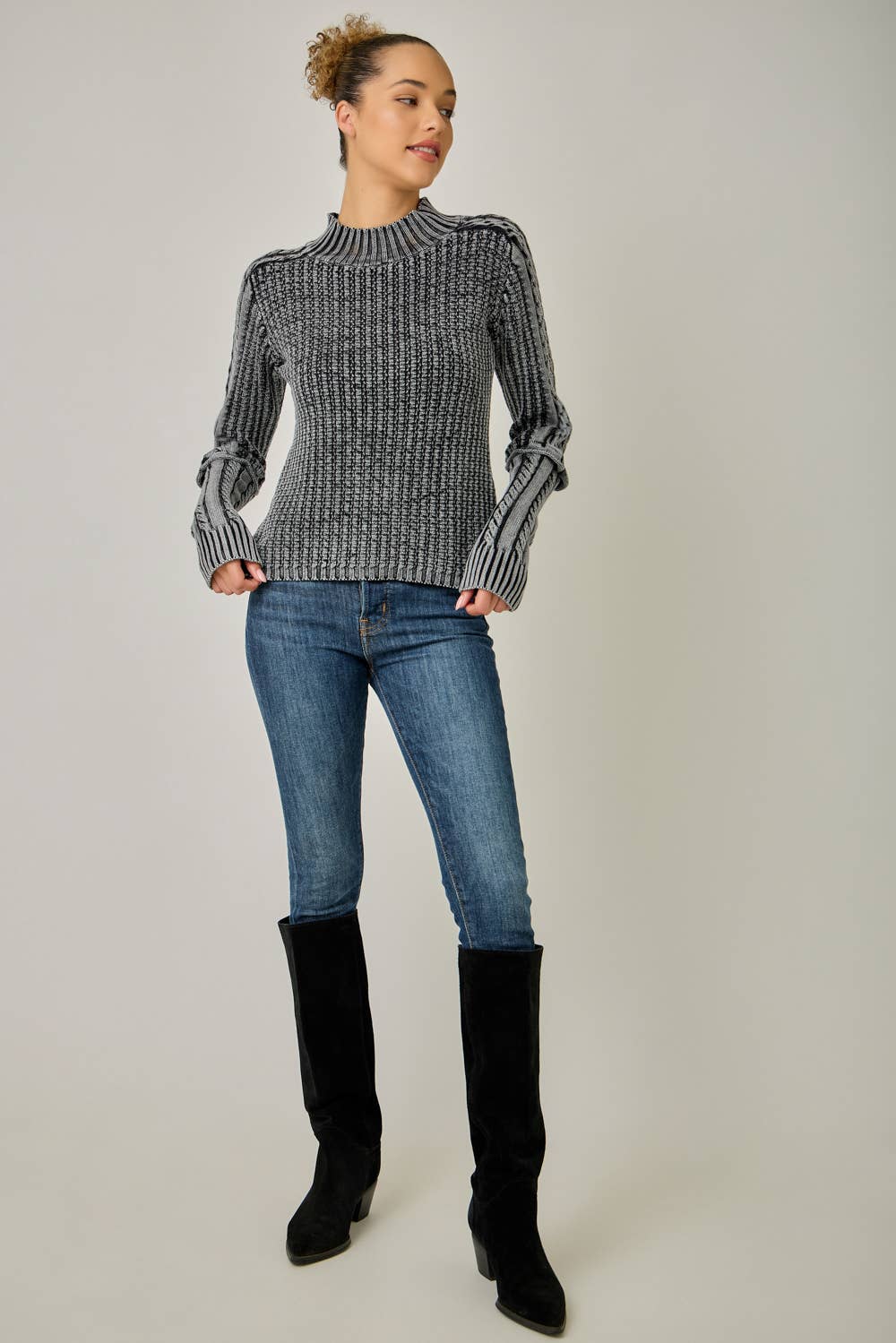 Washed Cable Knit Mock Neck Sweater
