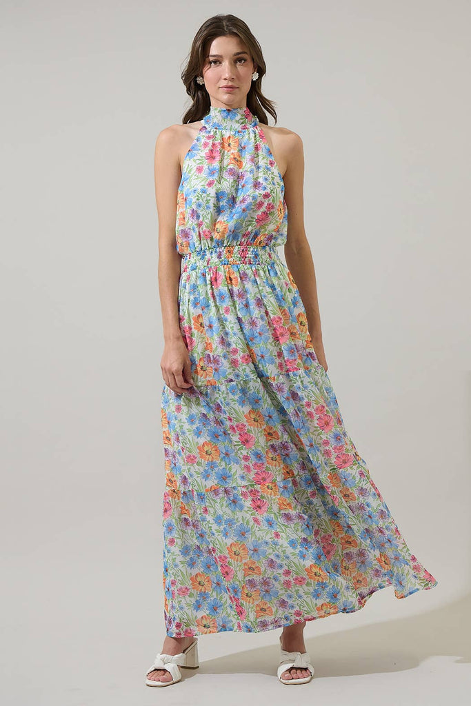 Blue Mixed Floral Halter Maxi Dress