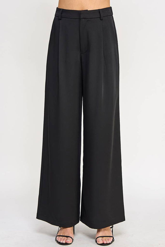 Black Pleat Front Wide Leg Twill Trouser Pant