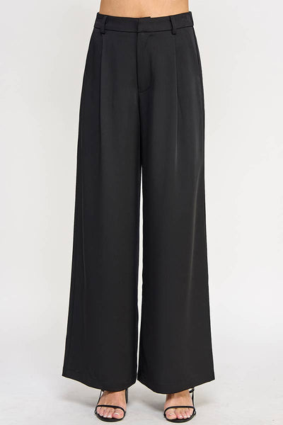 Black Pleat Front Wide Leg Twill Trouser Pant
