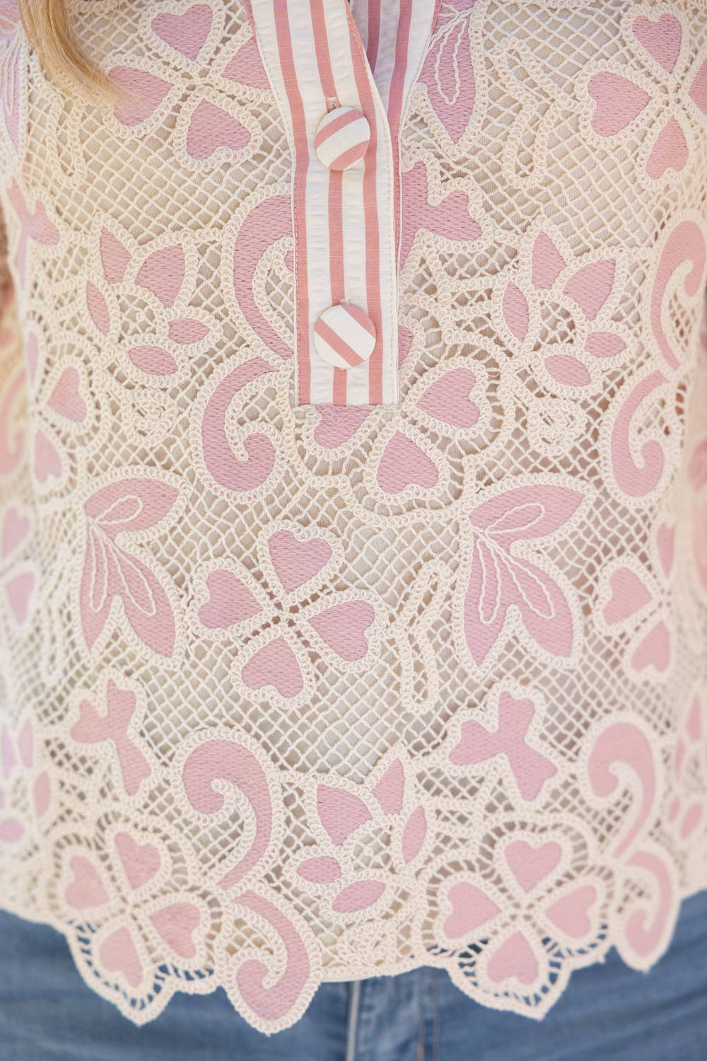 Collared V-Neck Stripe & Lace Mixed Fabric Top