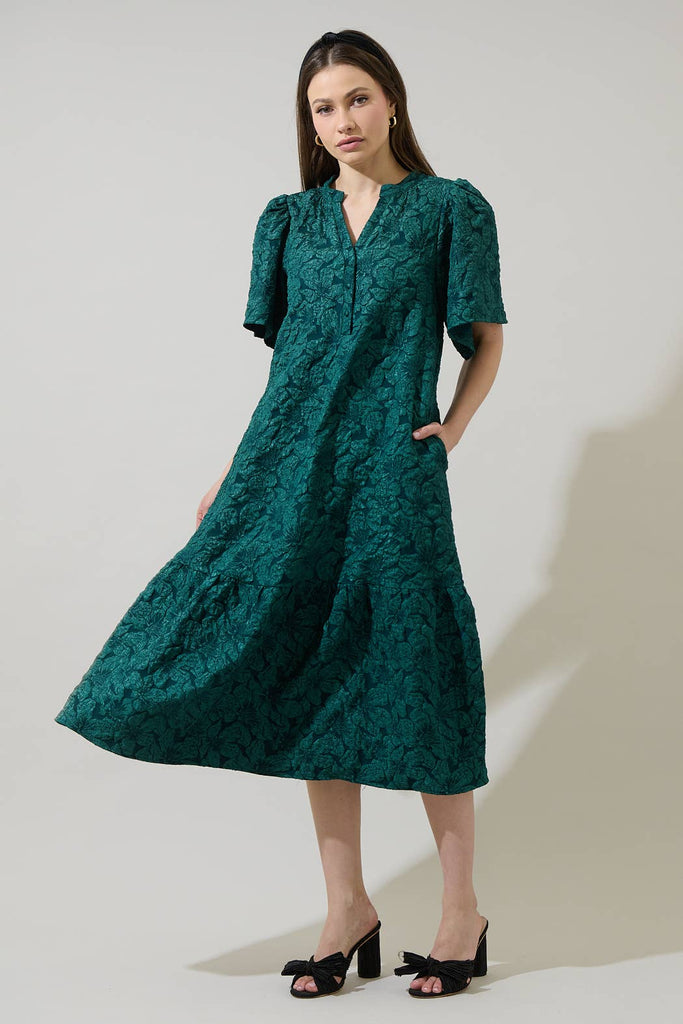 Emerald Green Jacquard Floral Midi Dress