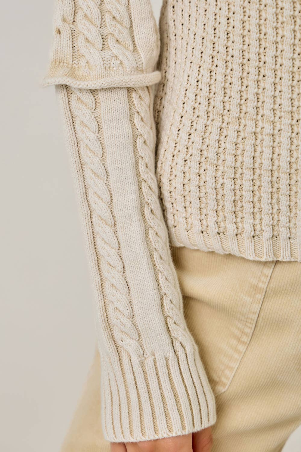 Washed Cable Knit Mock Neck Sweater
