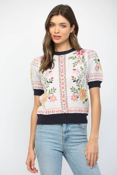 Floral Motif Short Sleeve Sweater