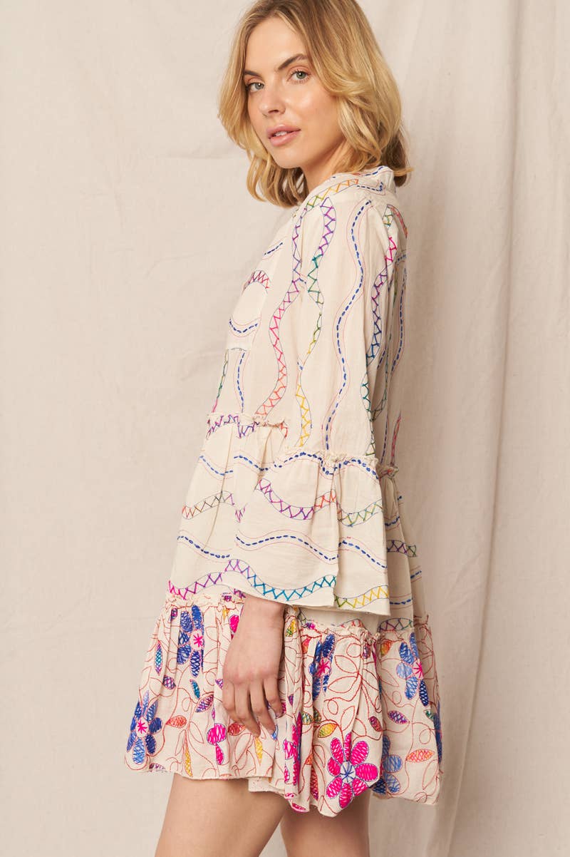 Multicolor Embroidered V-Neck Tiered Mini Dress Multicolor Embroidered V-Neck Tiered Mini Dress