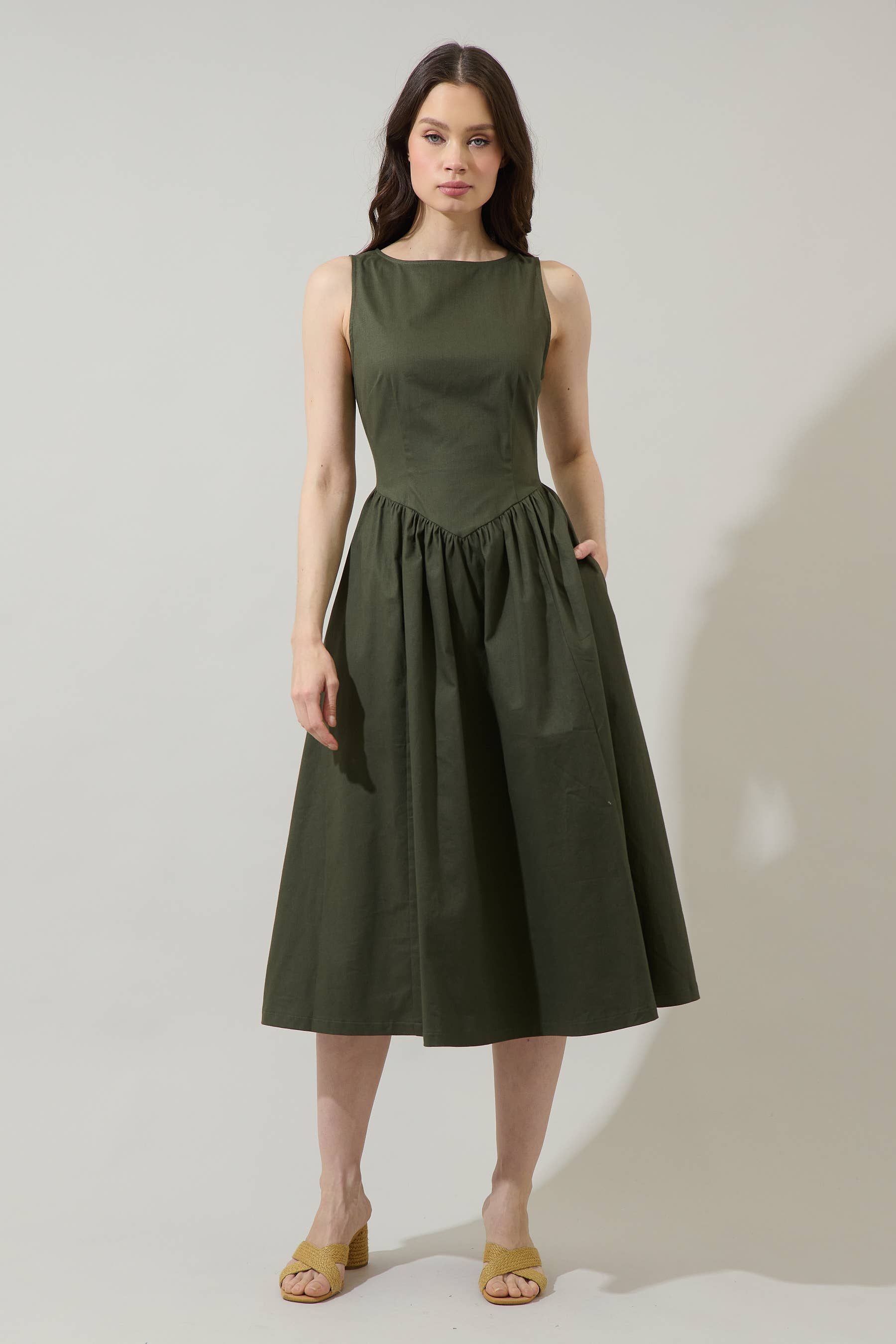 Olive Sleeveless Boat Neck Midi Dress with Pockets