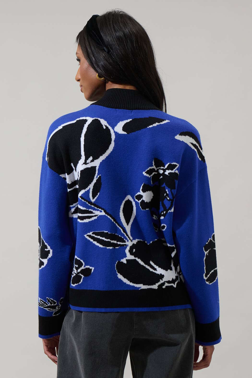 Cobalt Blue Floral Zip Up Sweater