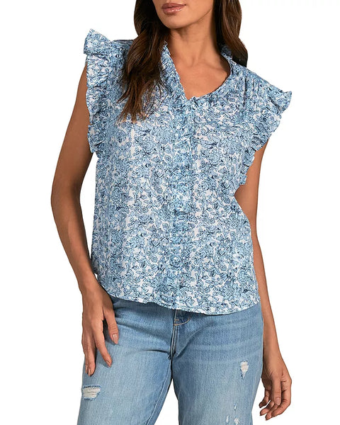 Elan Blue Floral Ruffle Sleeveless Top