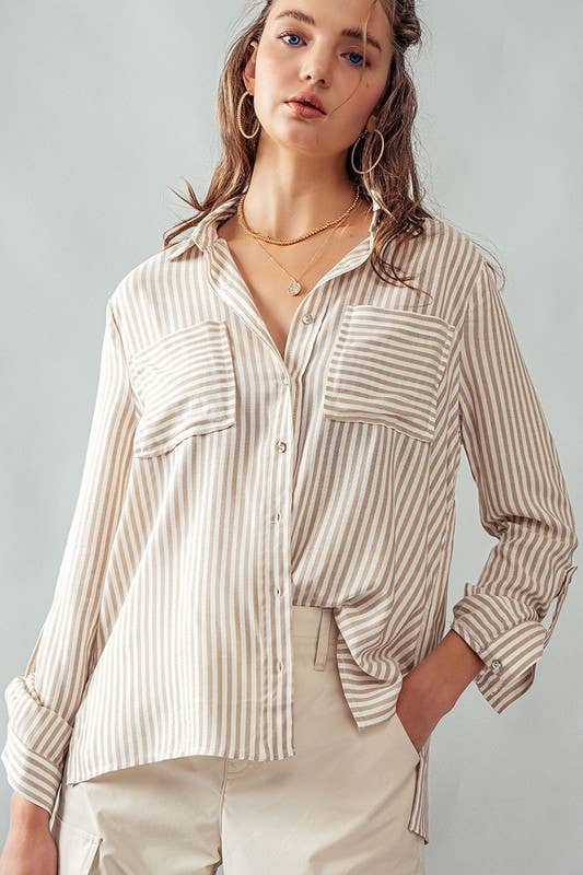 Relaxed Fit Vertical Striped Rayon Button Down Shirt