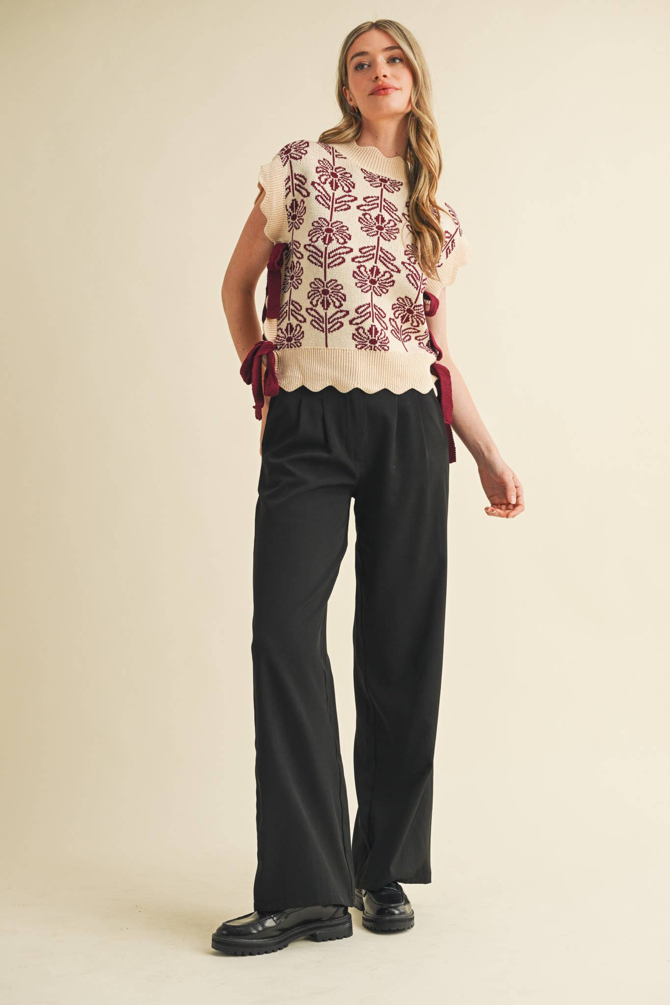 Mock Neck Burgundy Floral Sweater Vest