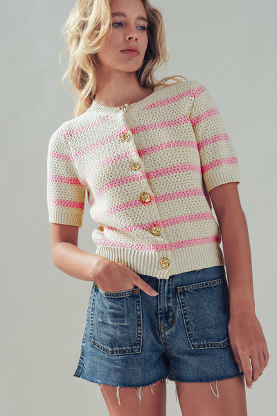 Pink Striped Short Sleeve Cardigan Sweater