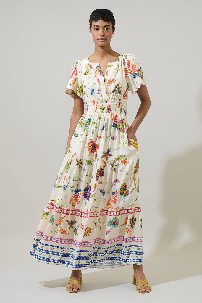 Floral Print Linen Smocked Maxi Dress
