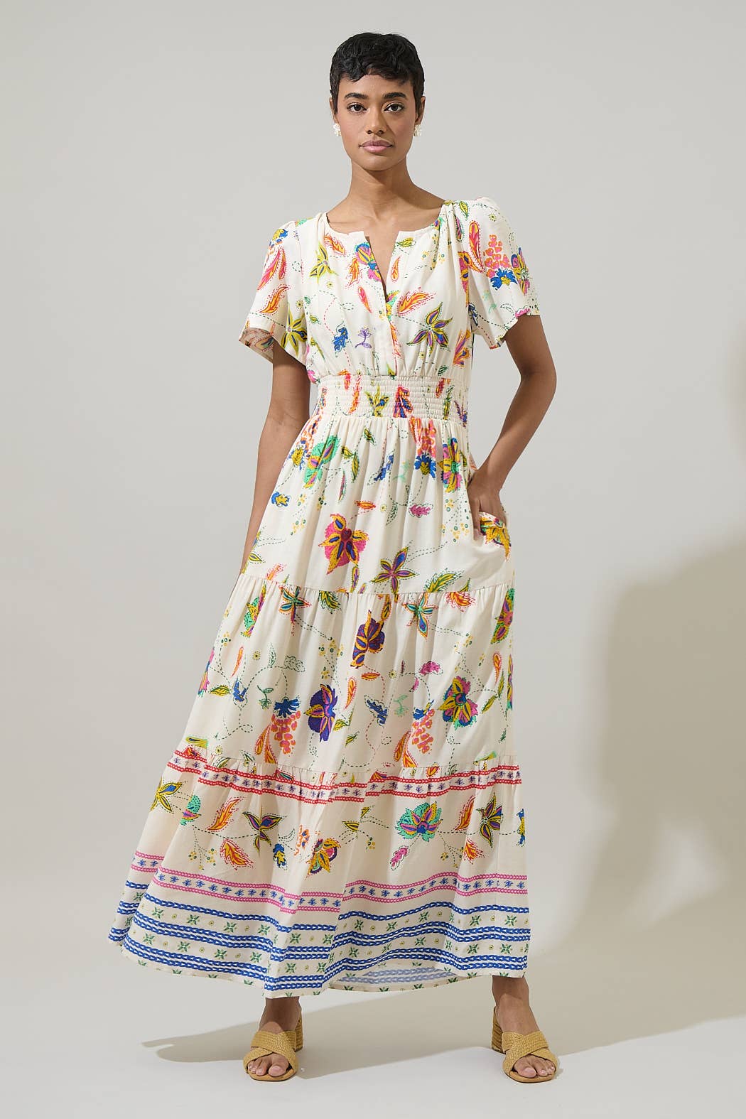 Floral Print Linen Smocked Maxi Dress Floral Print Linen Smocked Maxi Dress