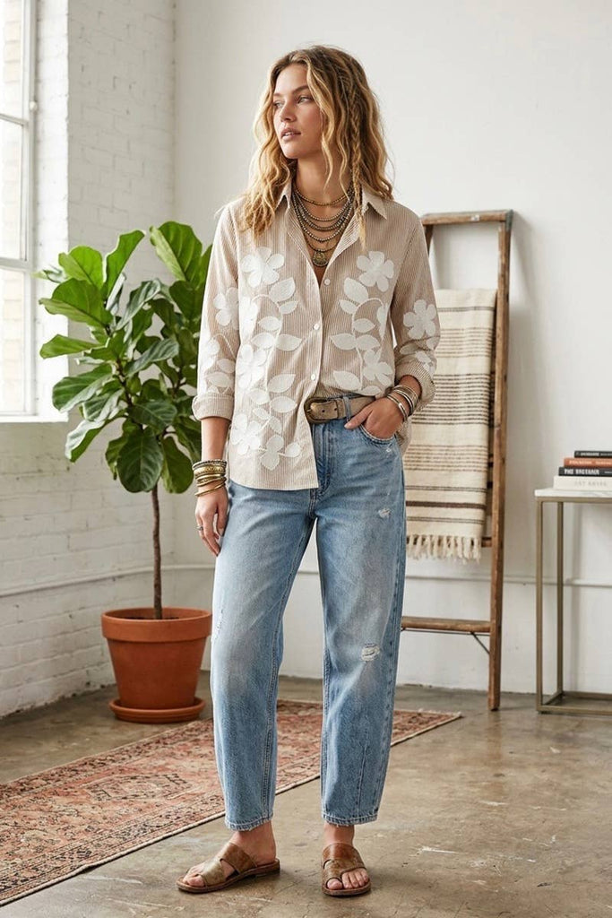 Floral Embroidery Patch Button-Down Shirt
