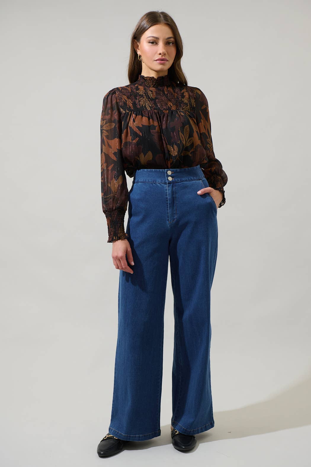 Brown Multi Floral Balloon Sleeve Top