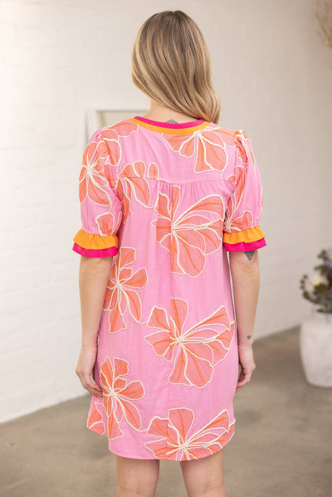 Pink Ruffled Floral Embroidered Dress