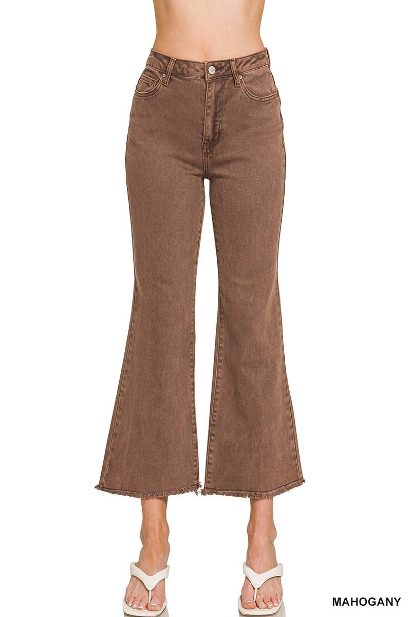 Acid Washed High Waist Frayed Hem Bootcut Pants