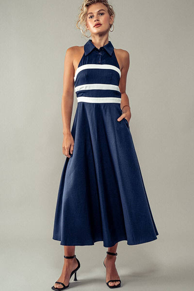 Striped Sleeveless Collared A-Line Midi Dress