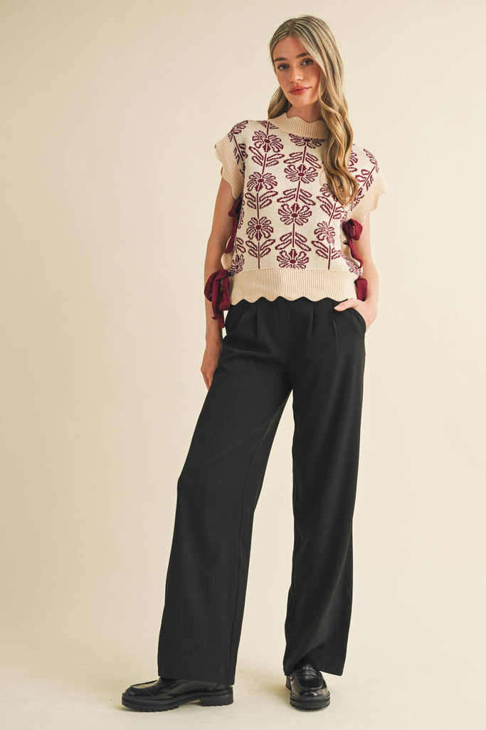 Mock Neck Burgundy Floral Sweater Vest
