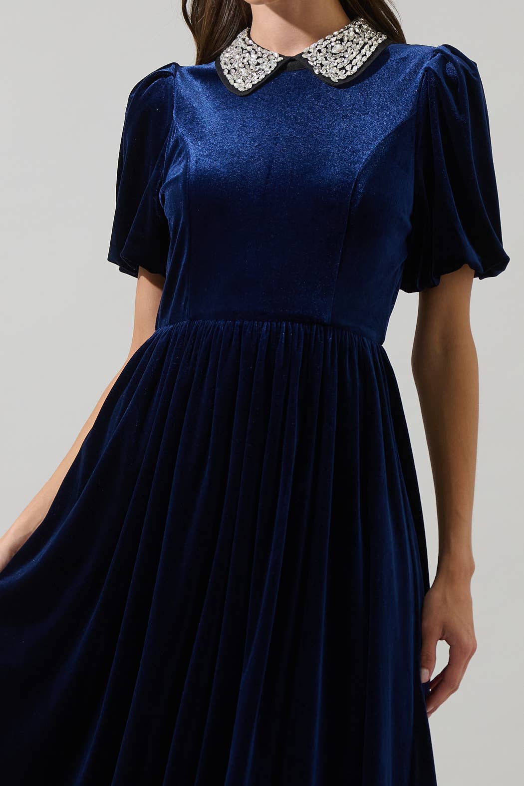 Blue Rhinestone Velvet Midi Dress
