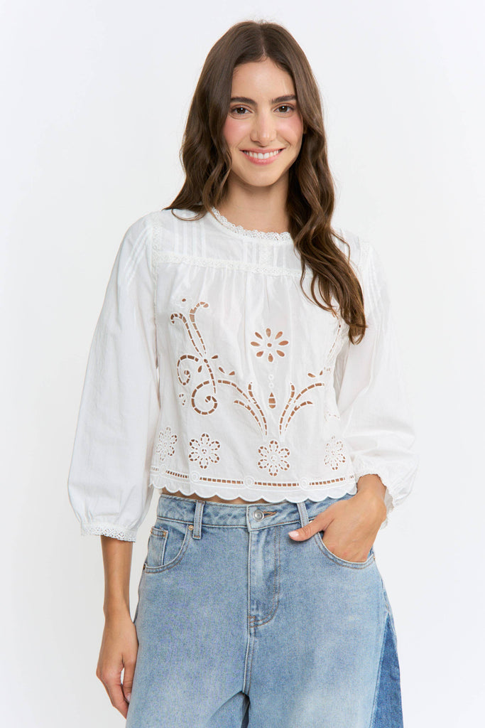 Cotton Eyelet Blouse with Floral Embroidery