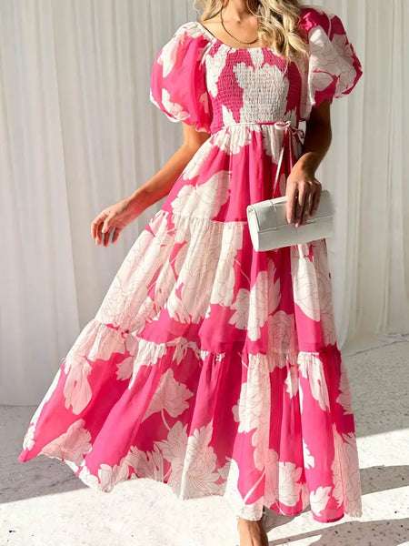 Rosa Clothing Pink Floral Puff Sleeve Maxi Dress