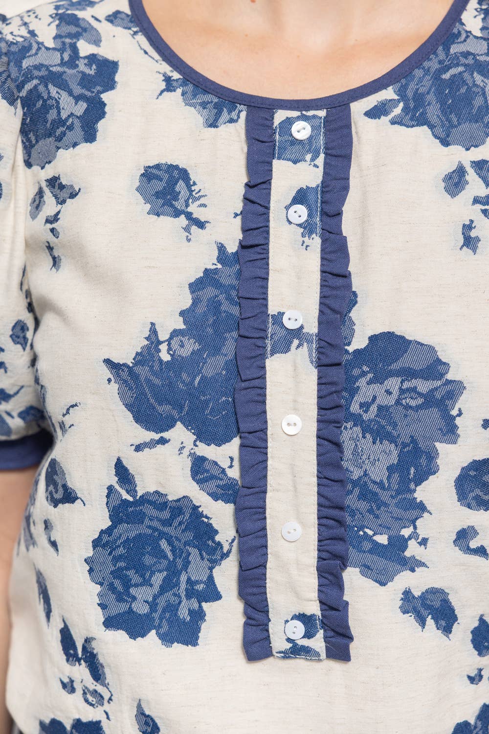 Blue Floral Jacquard Short Sleeve Top