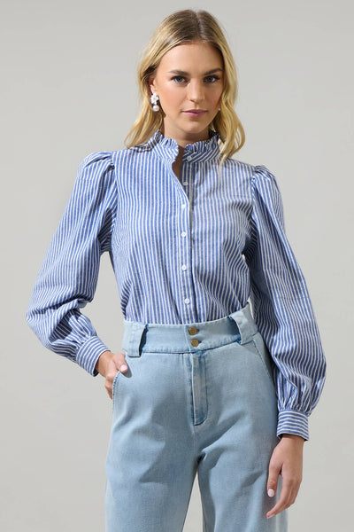 Blue White Striped Ruffle Button Down Shirt