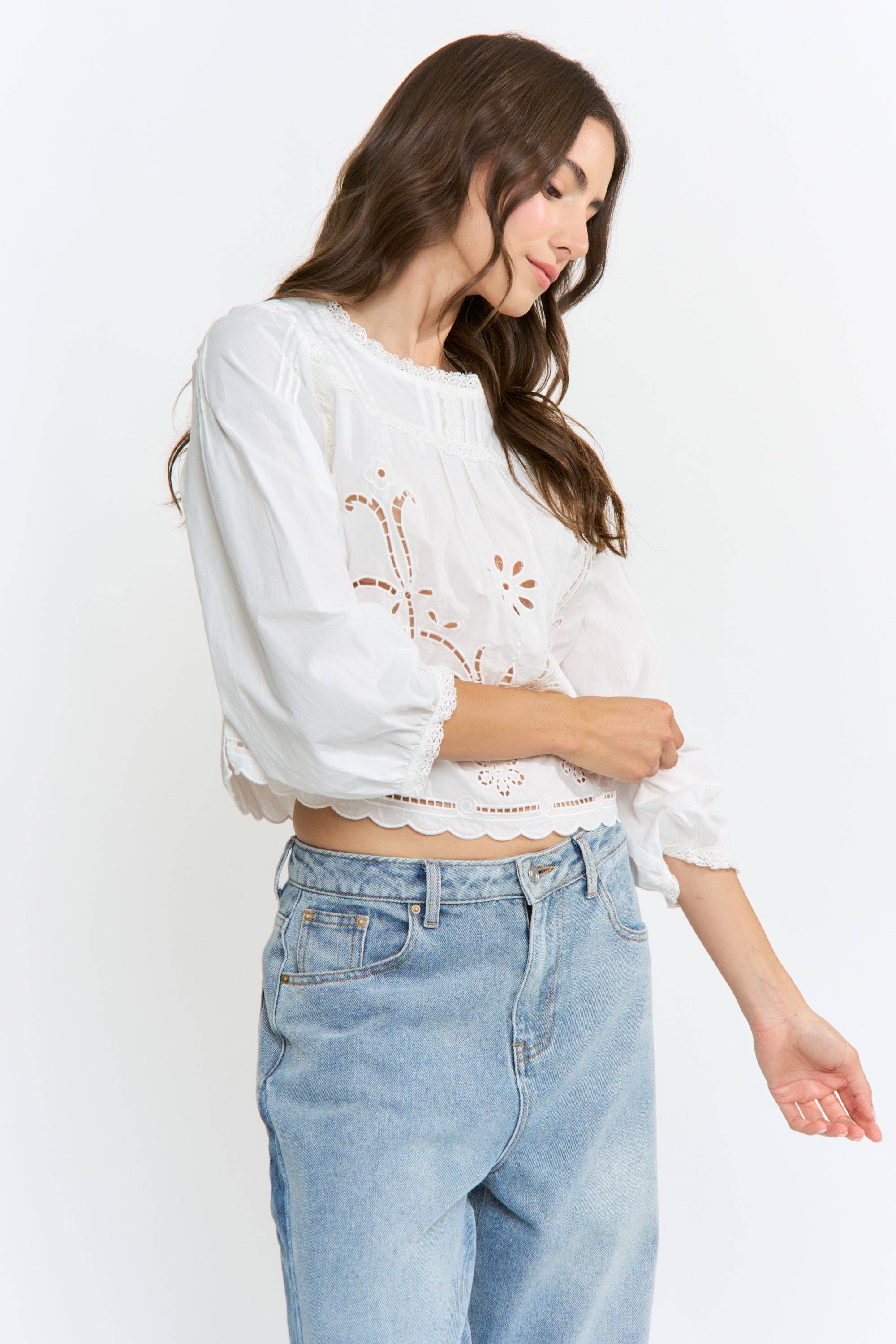 Cotton Eyelet Blouse with Floral Embroidery