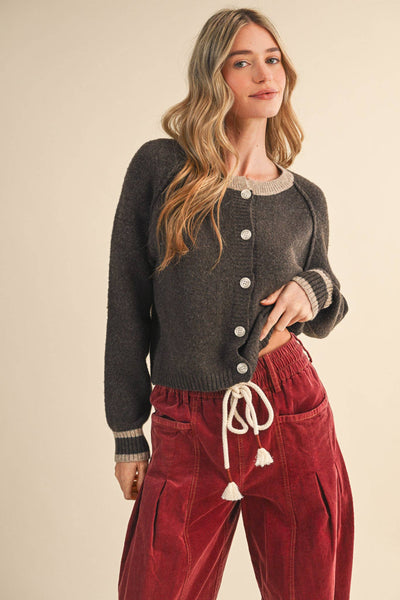 Chocolate Brown Two Tone Cardigan Sweater