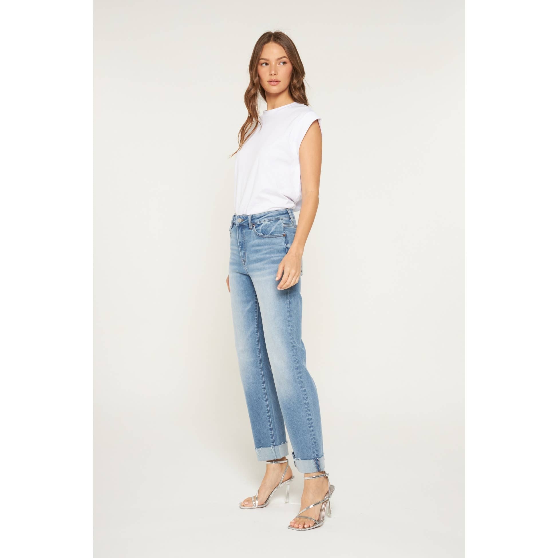 High Rise Straight Leg Jean with Cuffed Hem