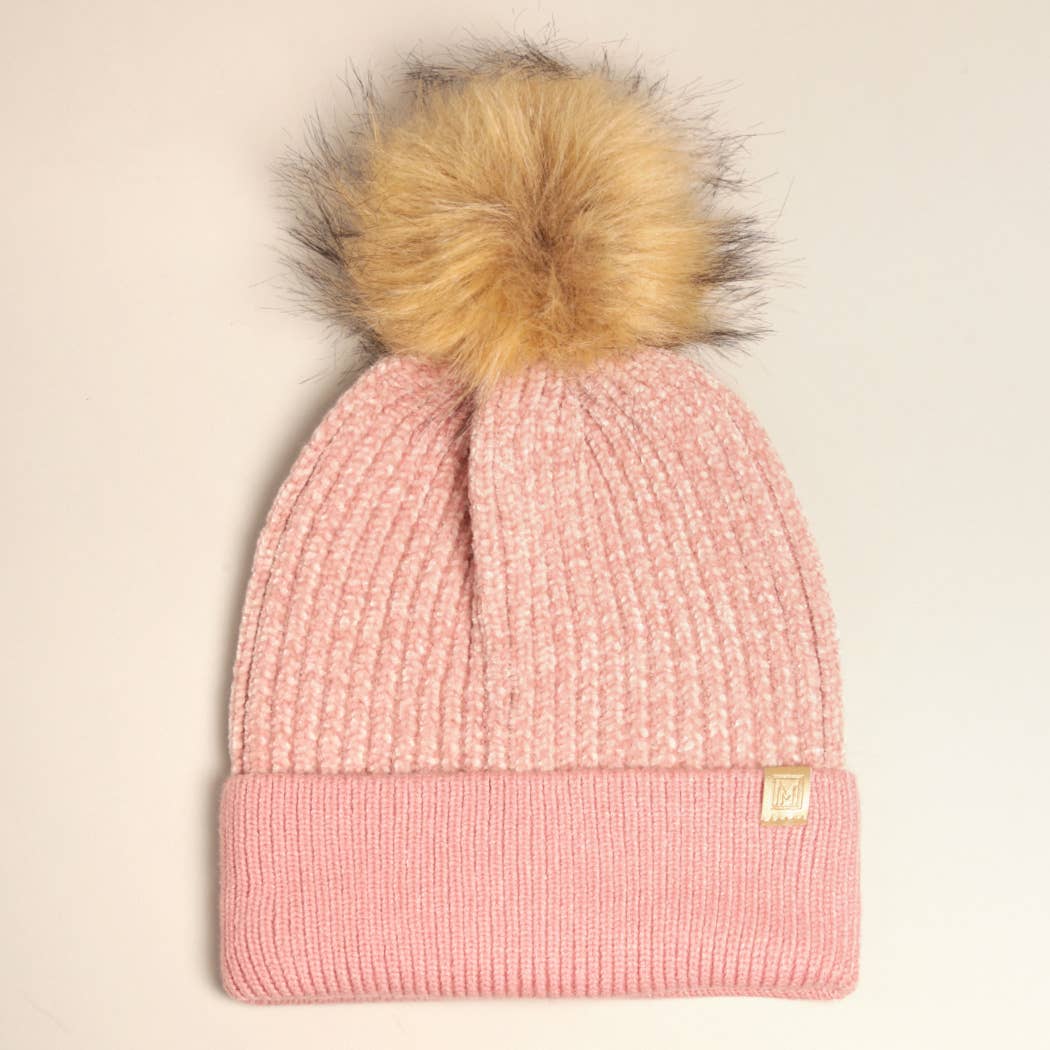 Chenille Cuff Beanie with Pom Pom