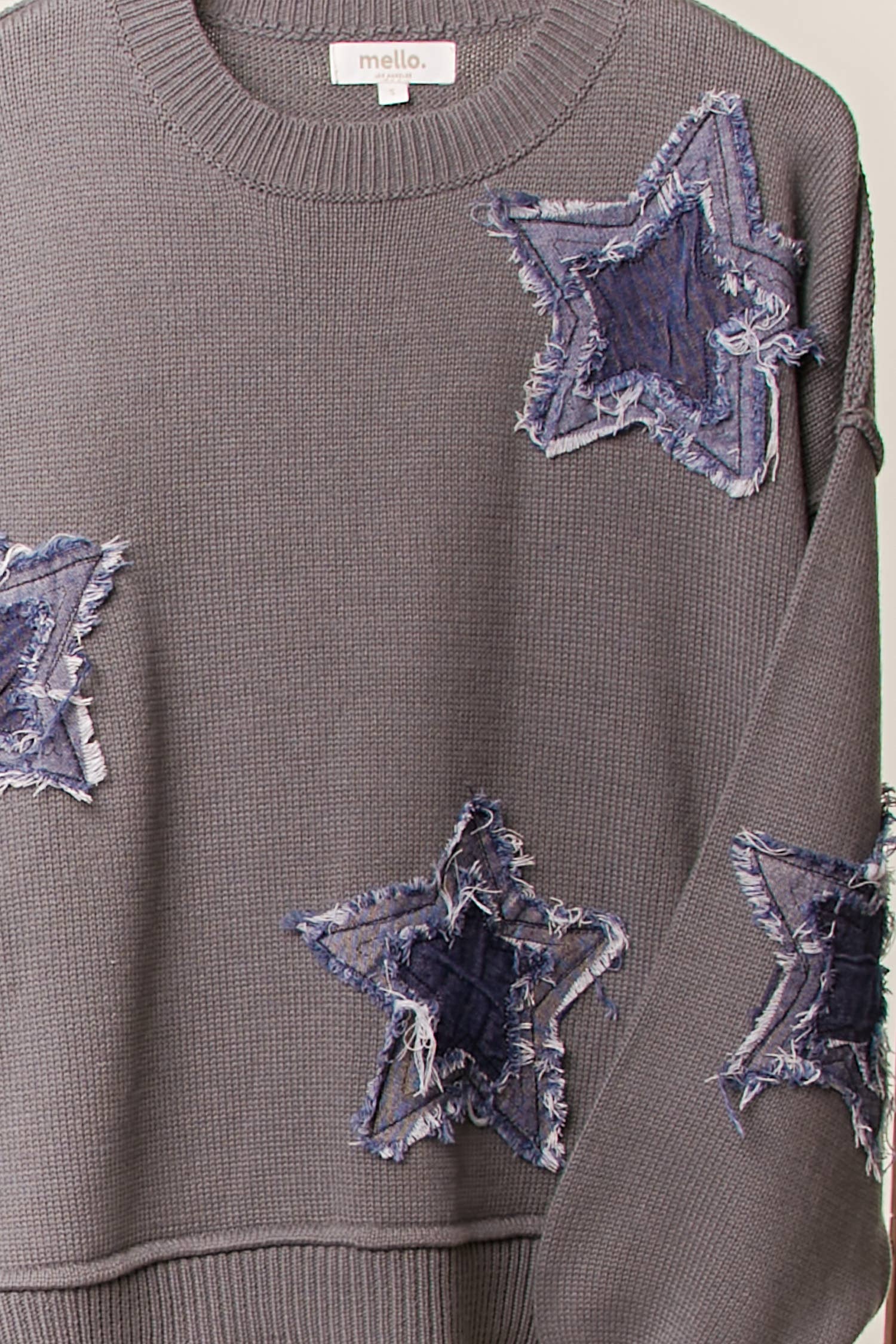 Grey Distressed Star Patch Knit Sweater