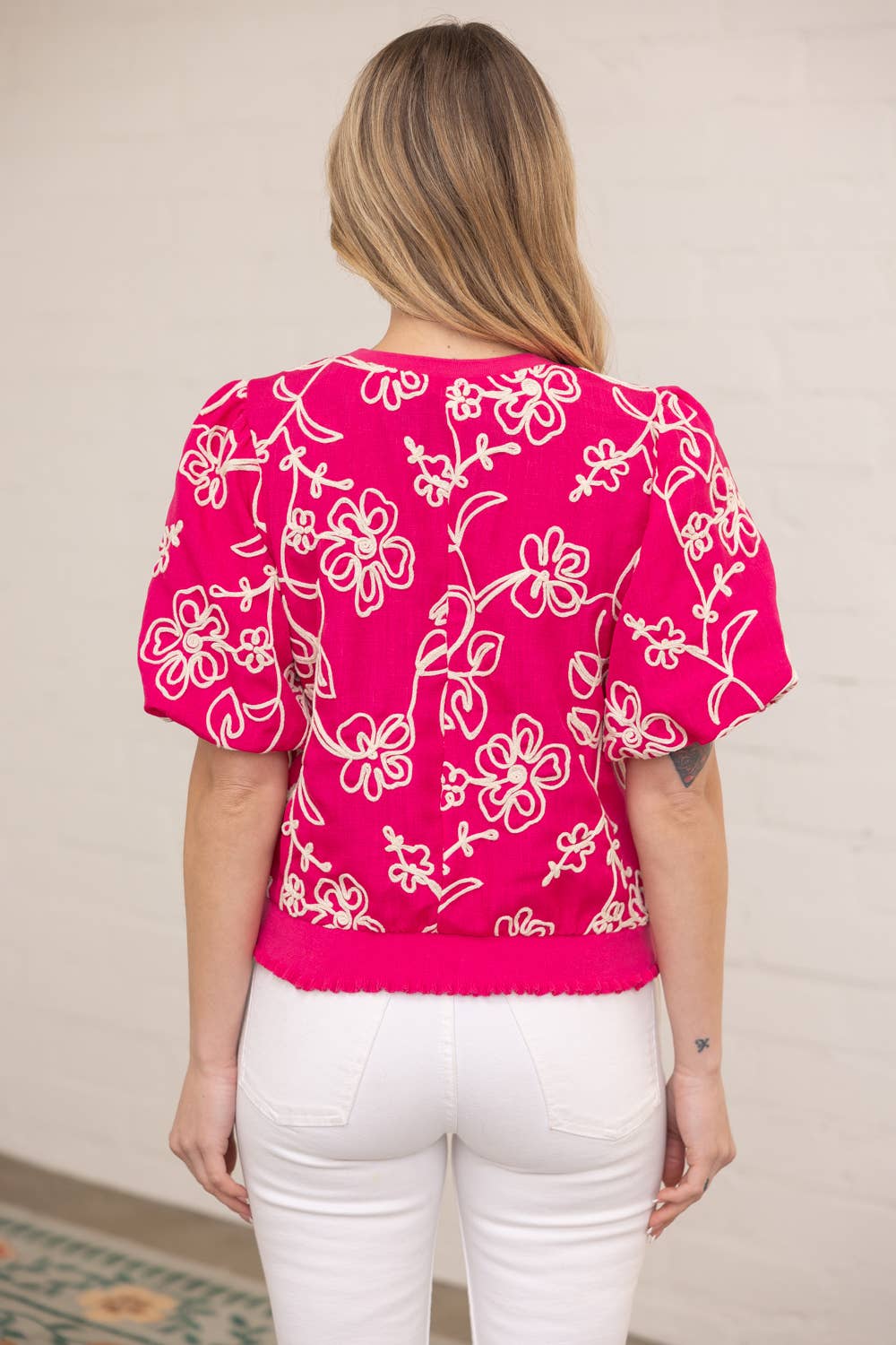 Floral Embroidered Bubble Sleeve Top