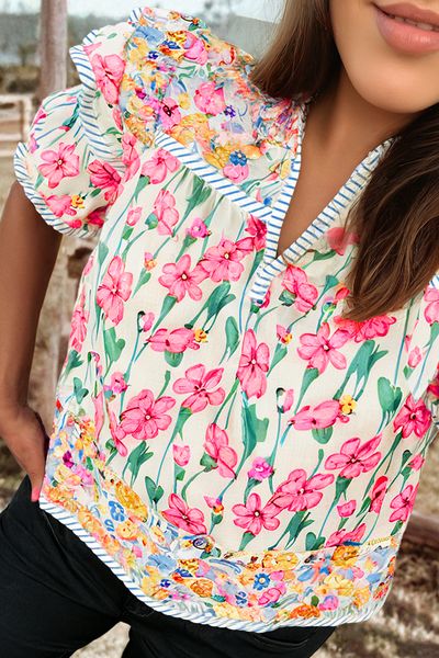 Floral Striped Detail Split Neck Short Sleeve Blouse
